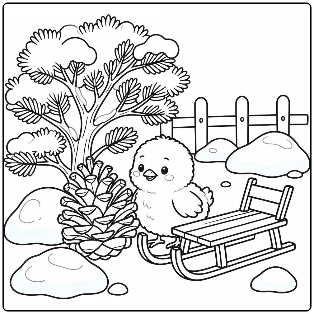 Cute chick coloring page exploring pinecone near winter shrub