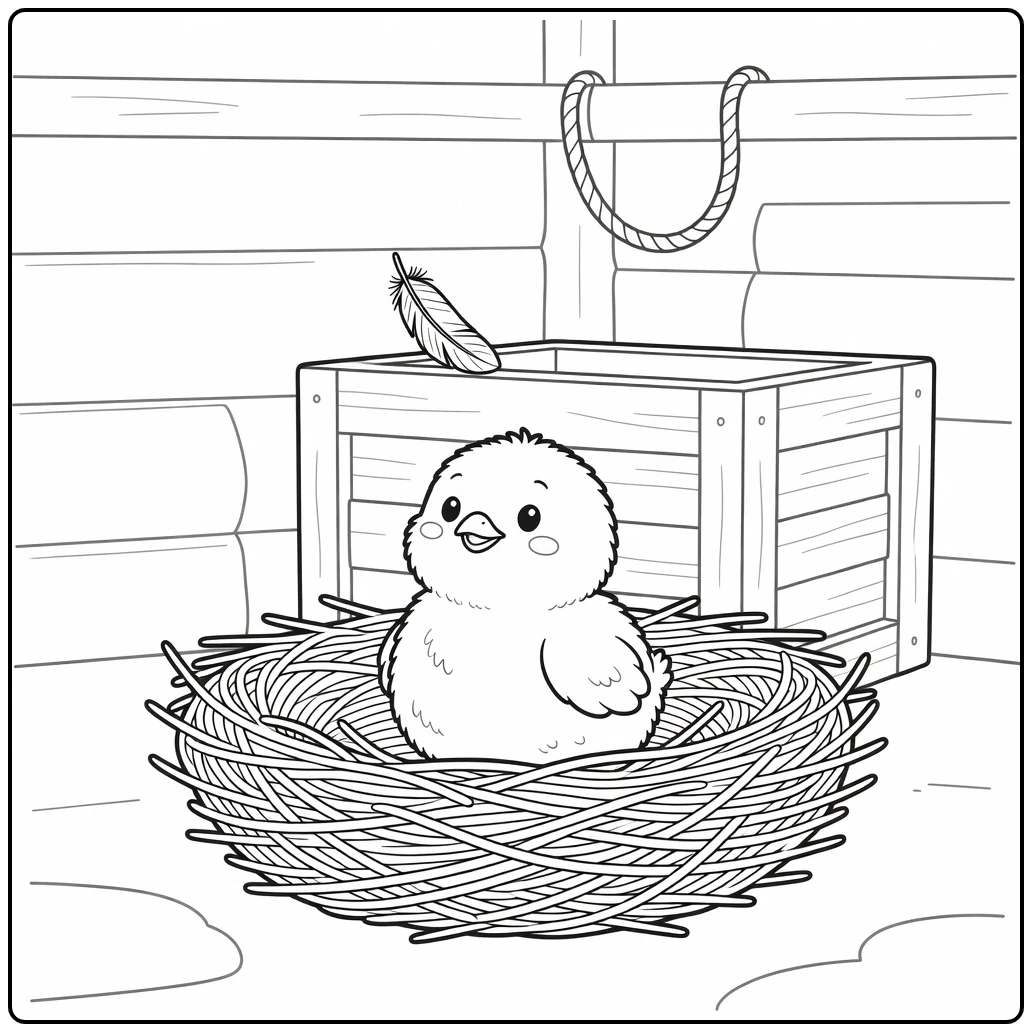 Chick coloring page of chick in nest looking at drifting feather