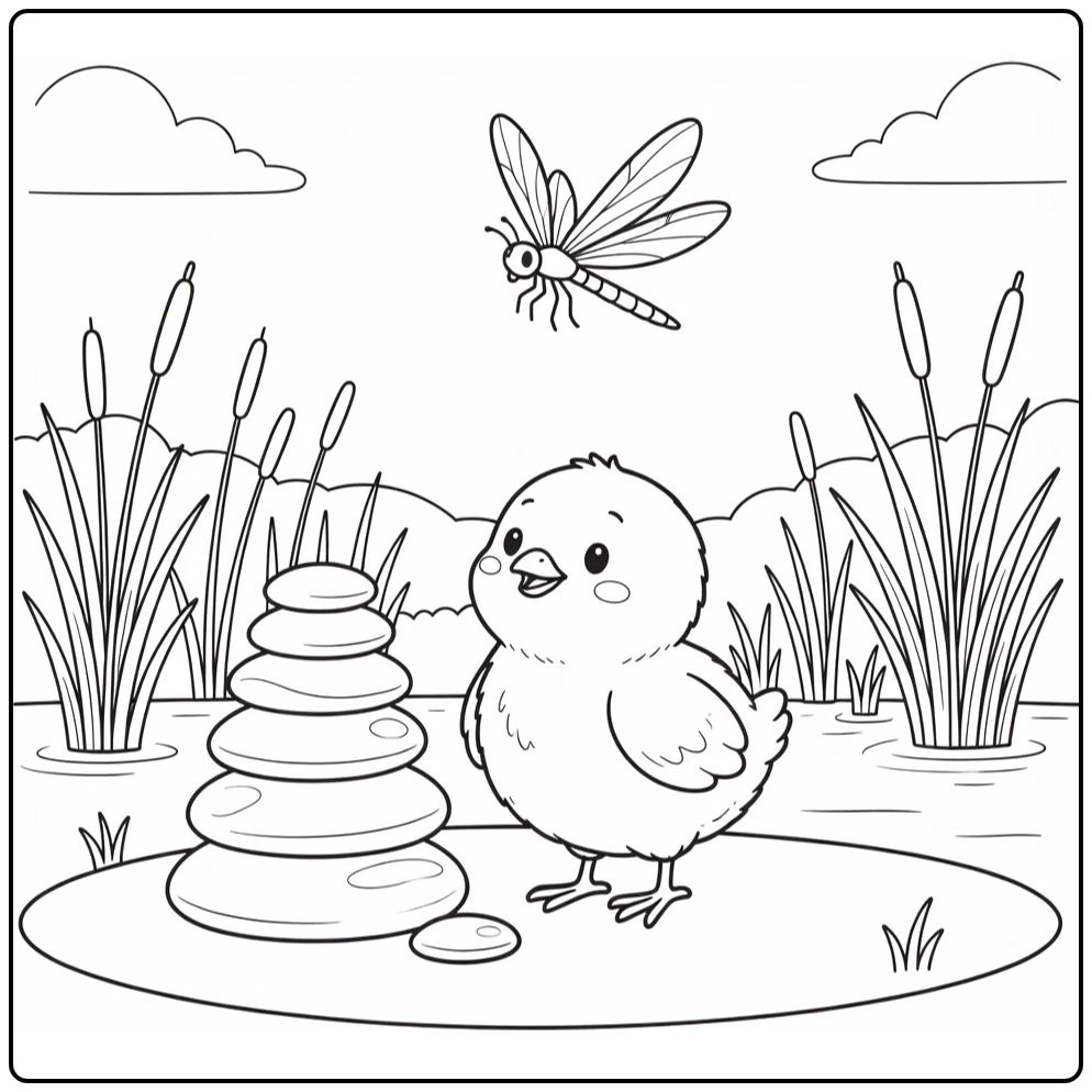 Chick coloring page with dragonfly by river stones