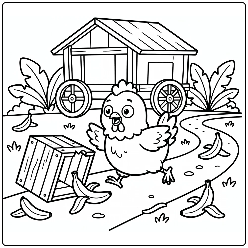 Funny chicken banana coloring page with surprised chicken