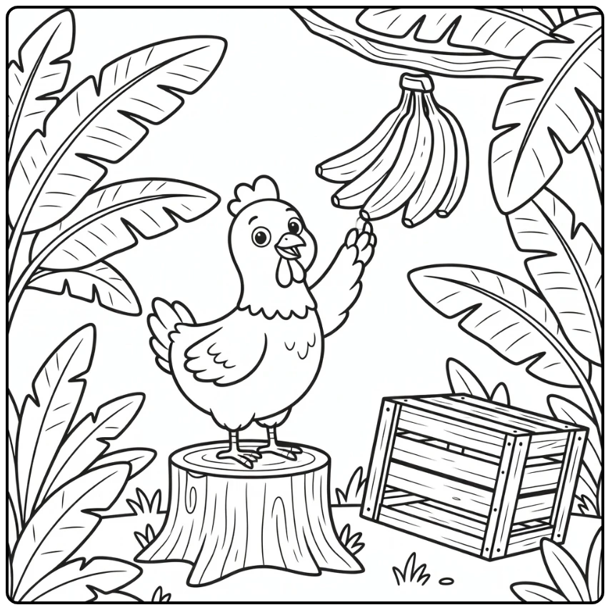 Chicken banana coloring page cute chicken reaching bananas