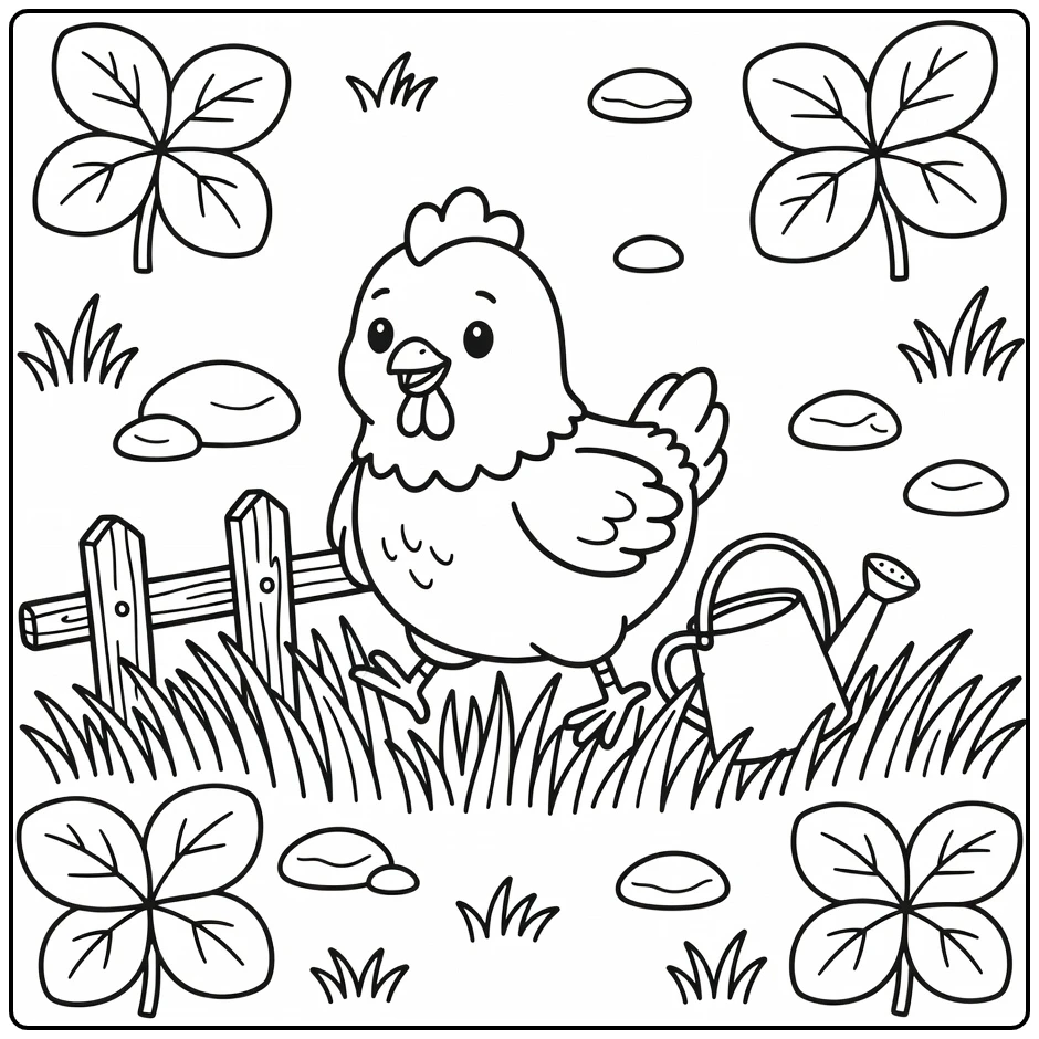 Chicken coloring page of cute bird in grass by watering pail