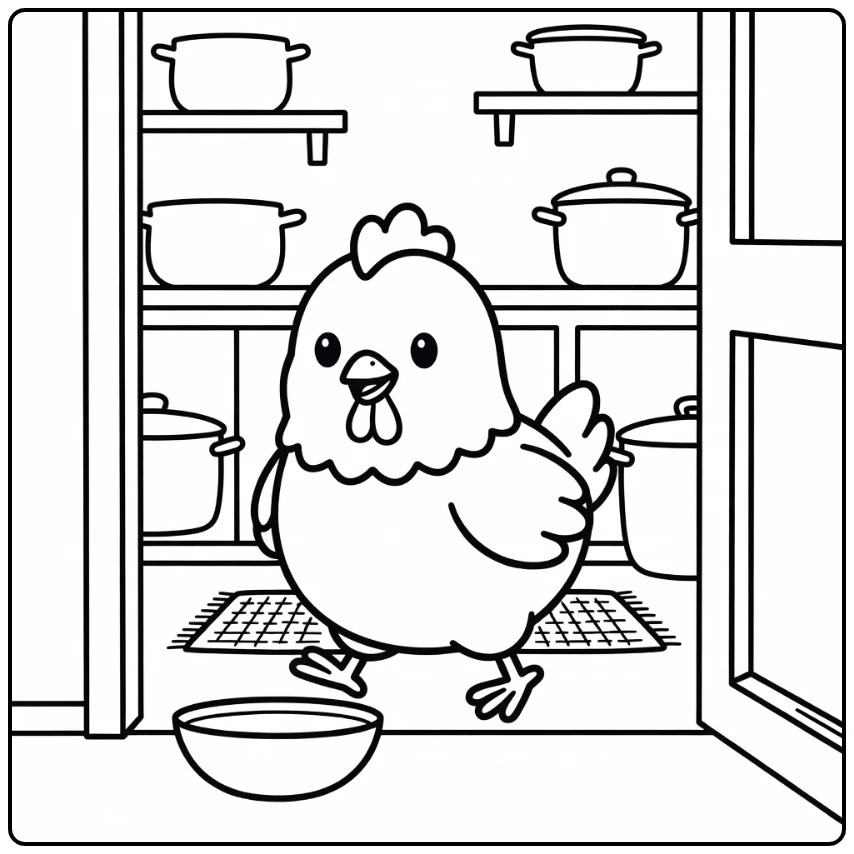 Chicken coloring page in cozy farm kitchen scene