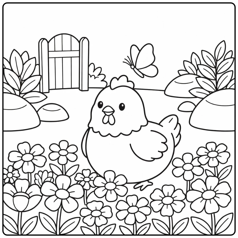 Chicken coloring page with butterfly over wildflowers and gate