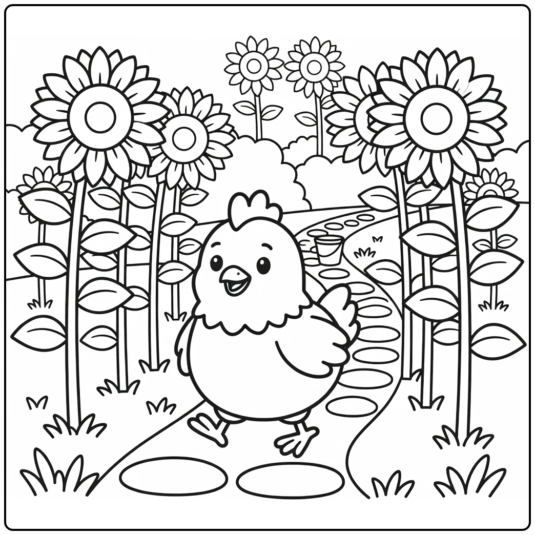 Chicken Coloring Page with Sunflowers in Farm Garden