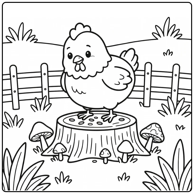 Chicken coloring page cute hen on tree stump with seeds