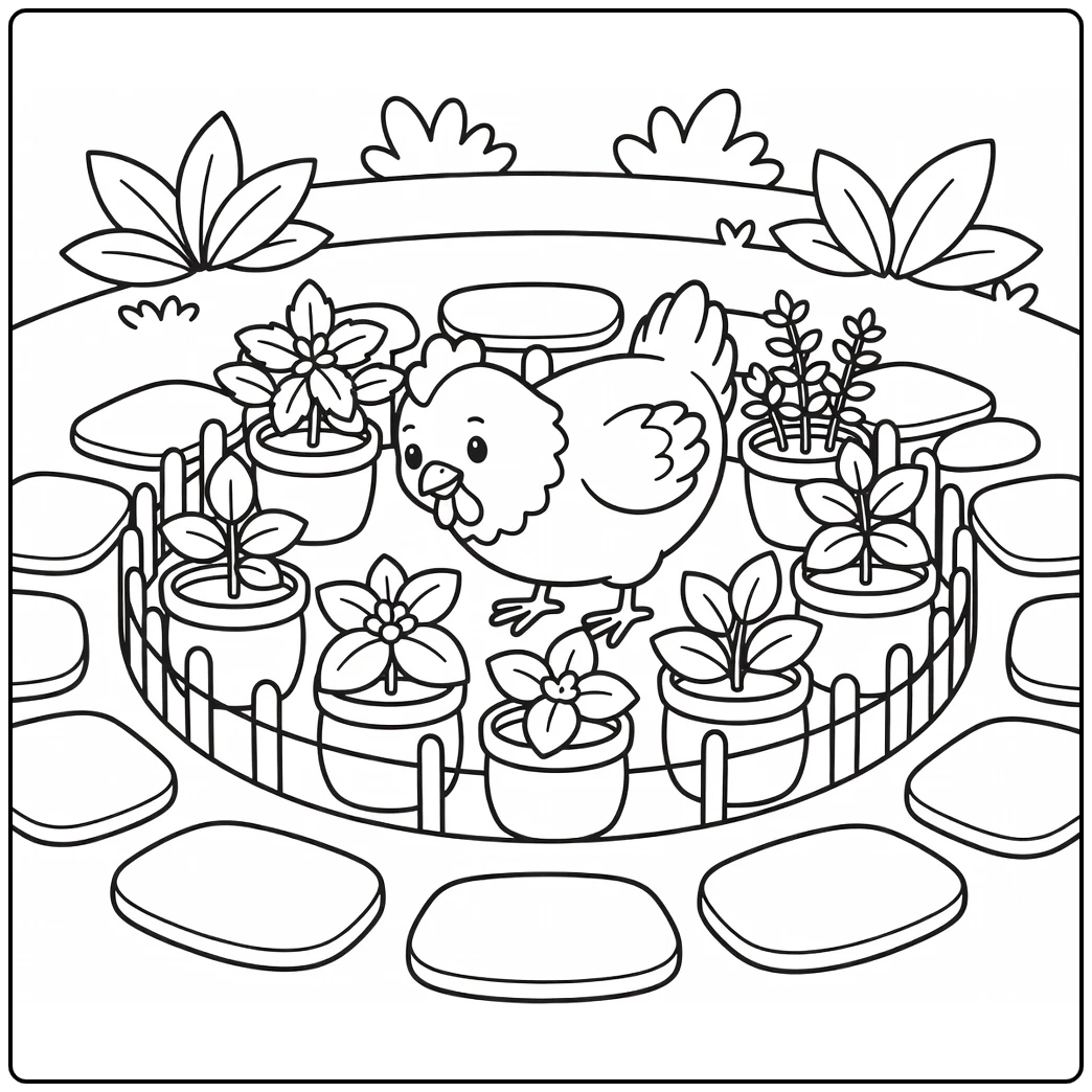 Chicken coloring page of cute chicken in herb garden circle
