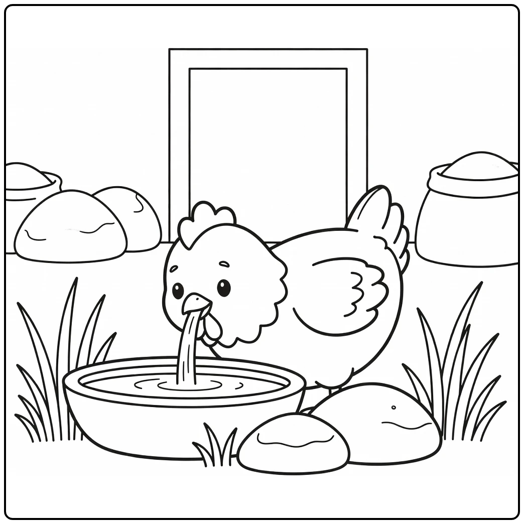 Chicken coloring page with bird at shallow water trough