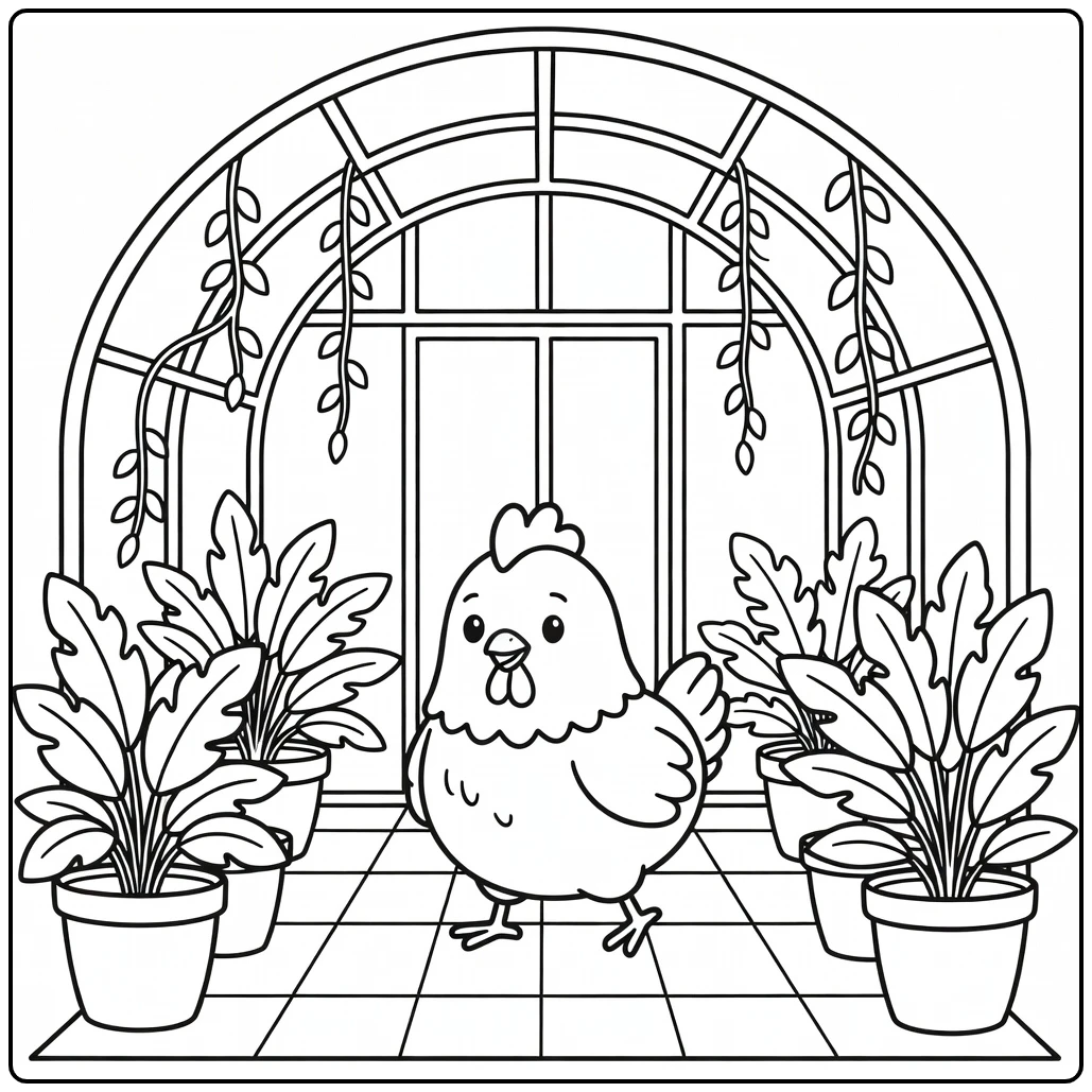 Chicken coloring page for adults in calm greenhouse