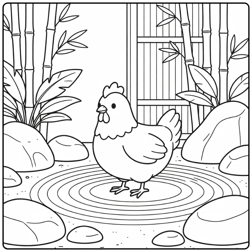 Chicken coloring page for adults in serene rock garden