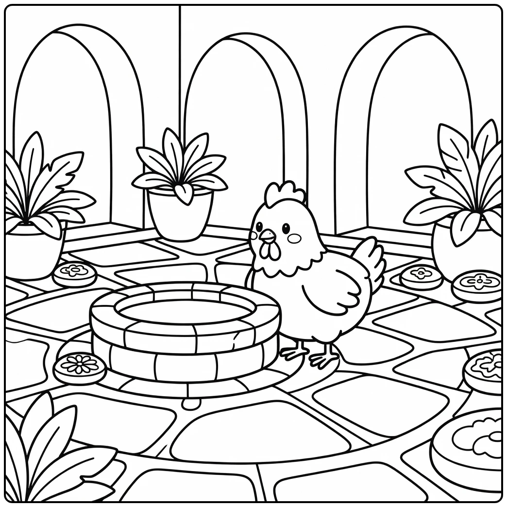 chicken coloring page for adults featuring courtyard chicken