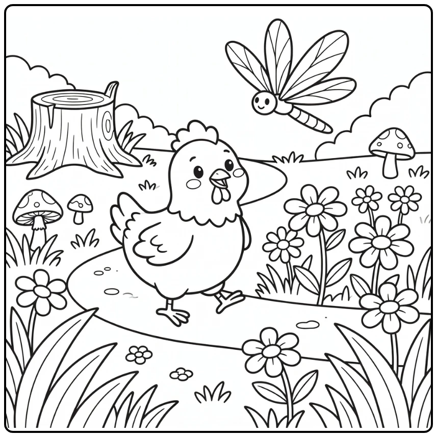 chicken coloring page for kids cute chicken meets dragonfly