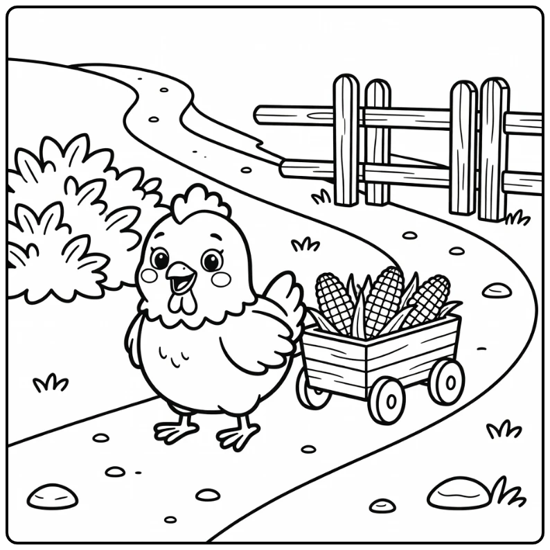 Chicken coloring page for kids with happy chicken and wagon