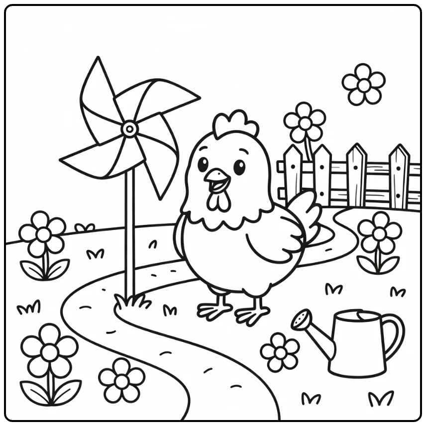 chicken coloring page for kids happy chicken beside pinwheel