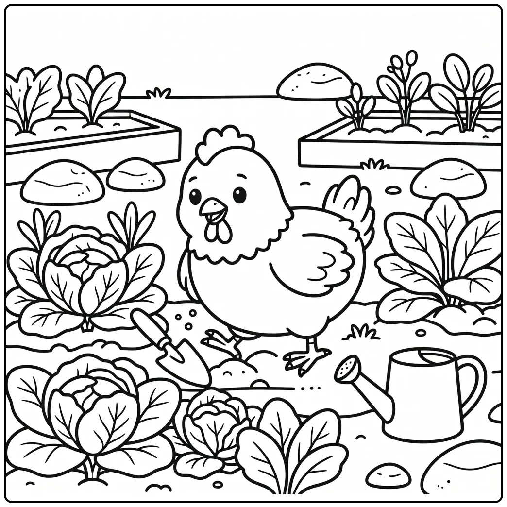 Chicken coloring page with cute chicken in vegetable patch