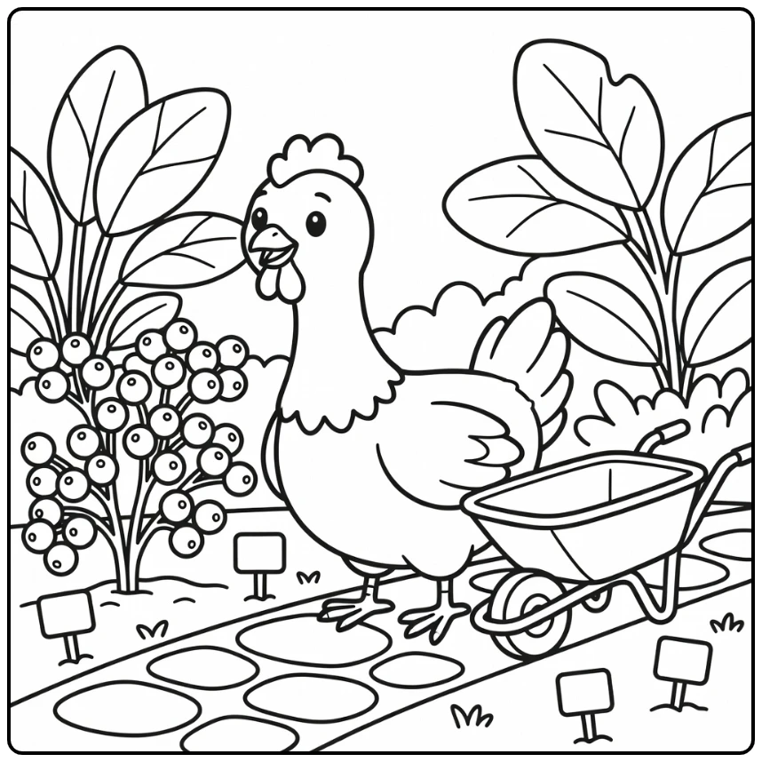 Chicken coloring page with berry bush and garden path