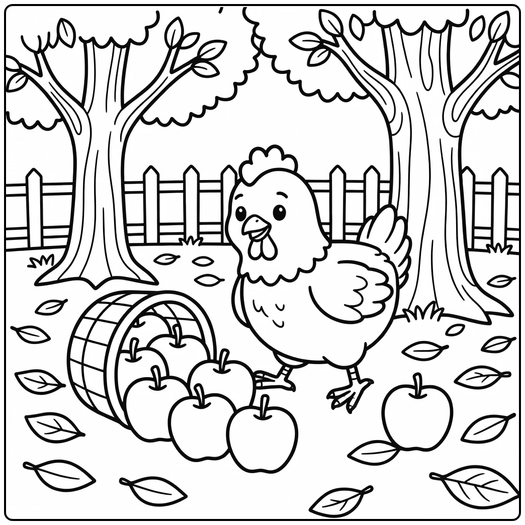 Chicken coloring page with hen near tipped apple basket