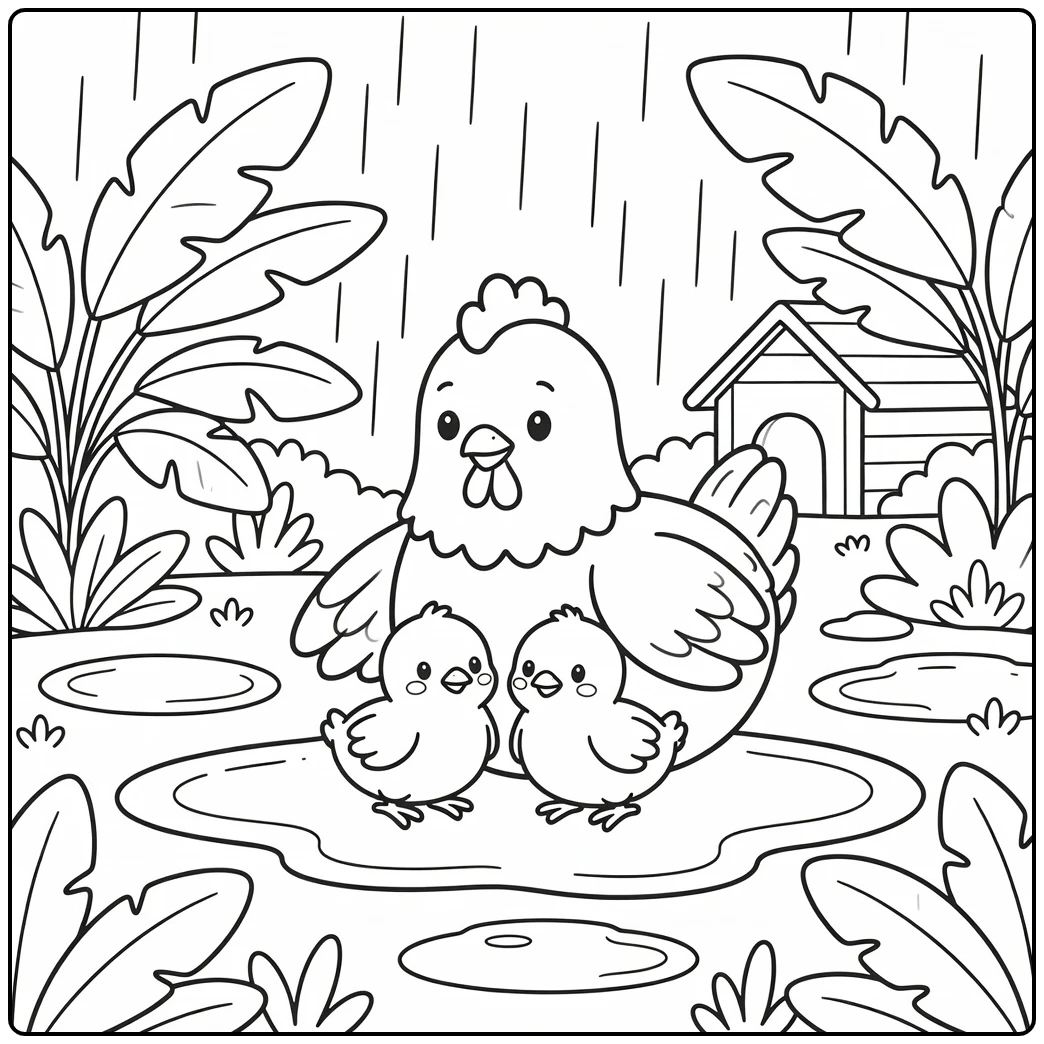 Chicken coloring page of hen sheltering chicks in gentle rain
