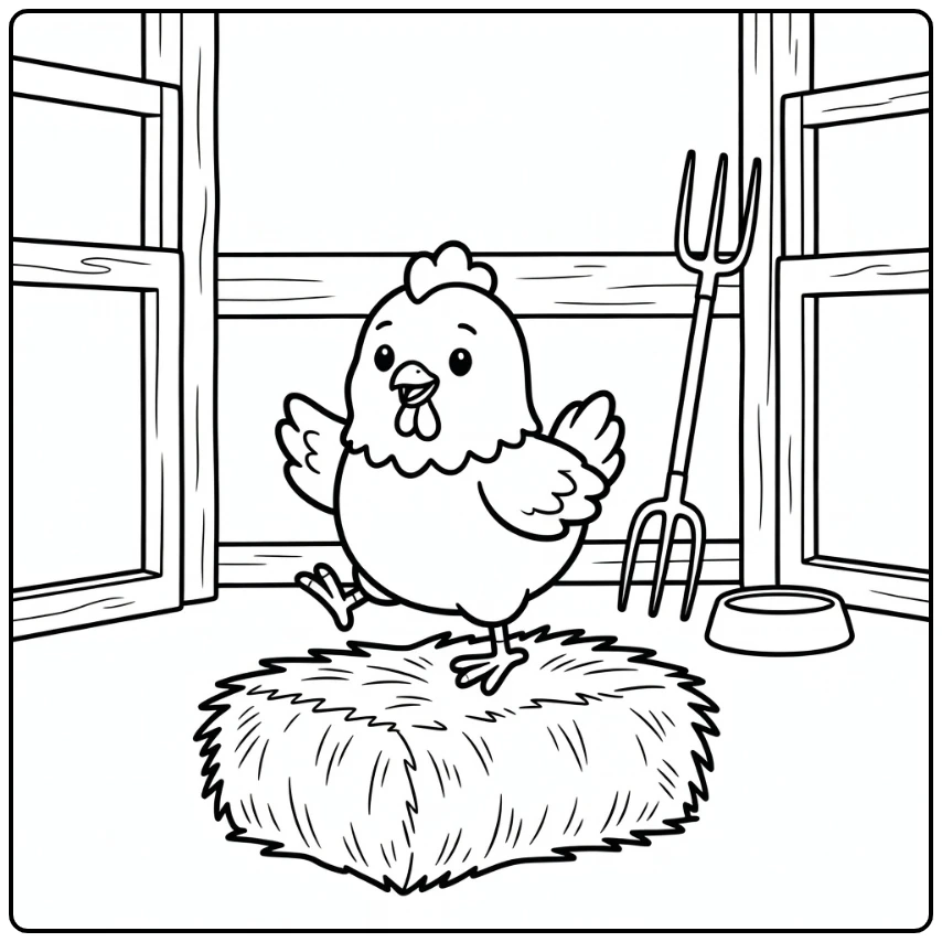 Chicken coloring page with cute chicken on hay bale in barn