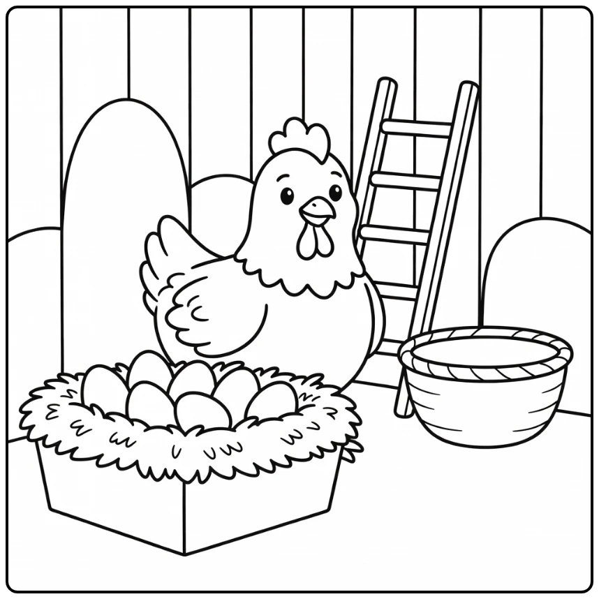 Chicken coloring page with proud chicken by nesting box and eggs