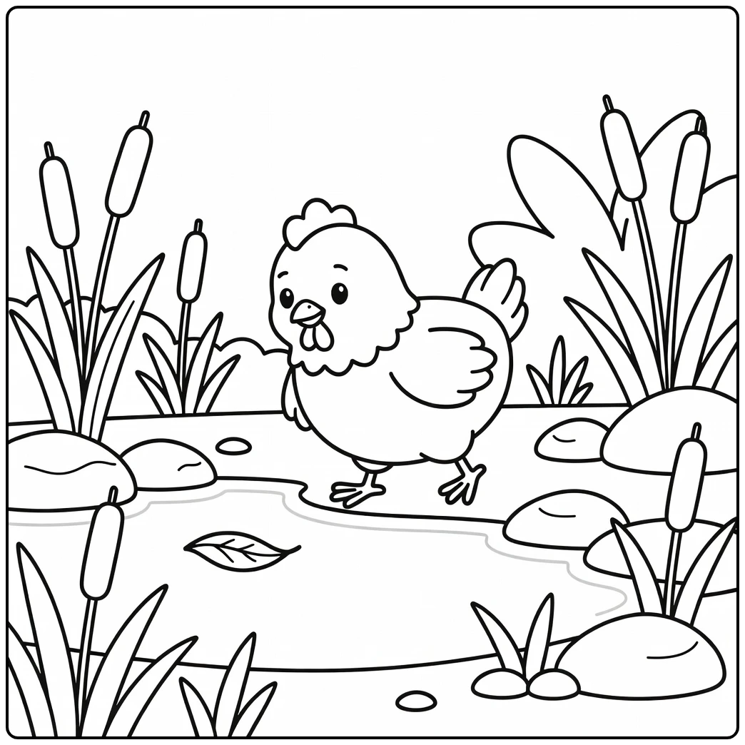 Chicken coloring page cute chicken by pond watching leaf