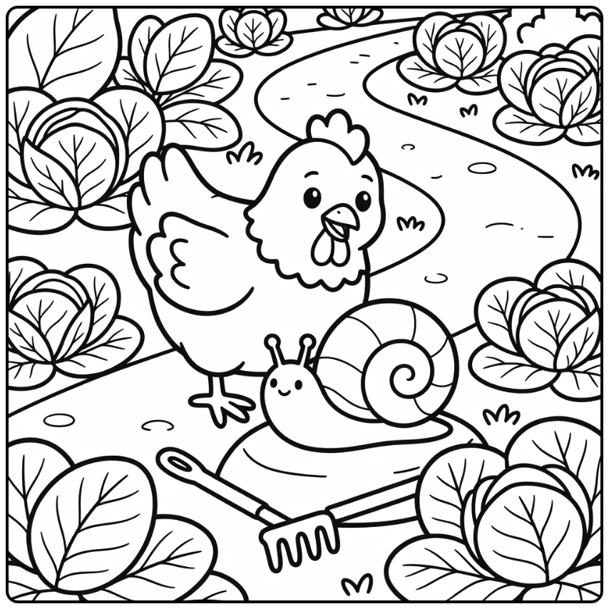 Chicken coloring page with cute hen and large snail