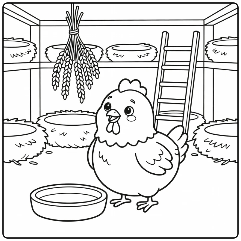 Adorable chicken coloring page in cozy farm coop