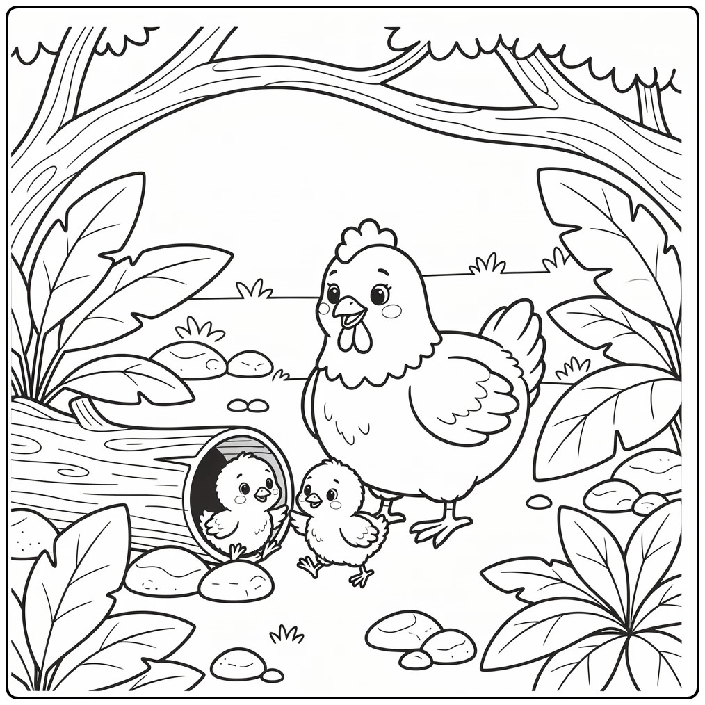 Chicken coloring page with hen watching chicks at log