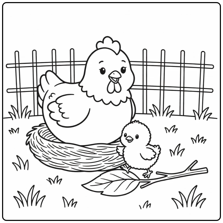 Adorable chicken coloring page with chick stepping over leaf