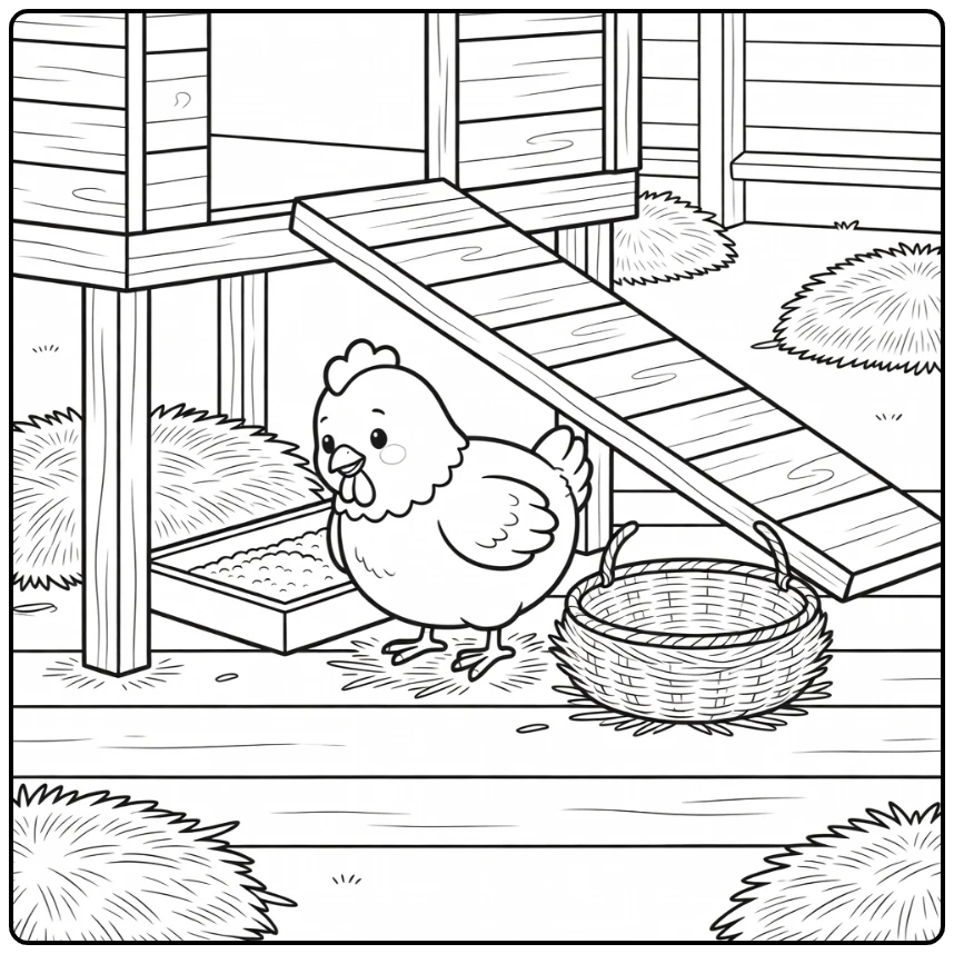Cute chicken coloring page with coop ramp and feed tray