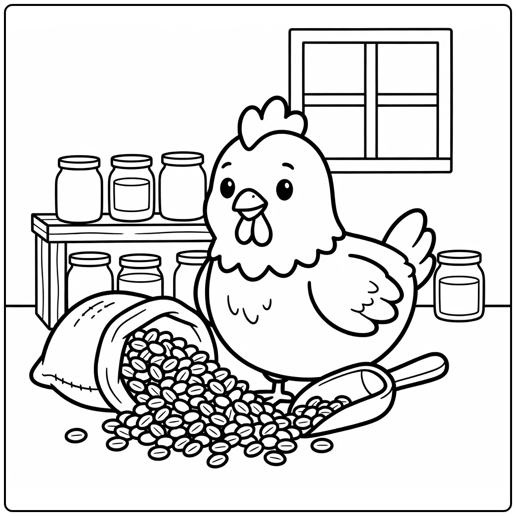 Chicken coloring page with cute hen near grain sack