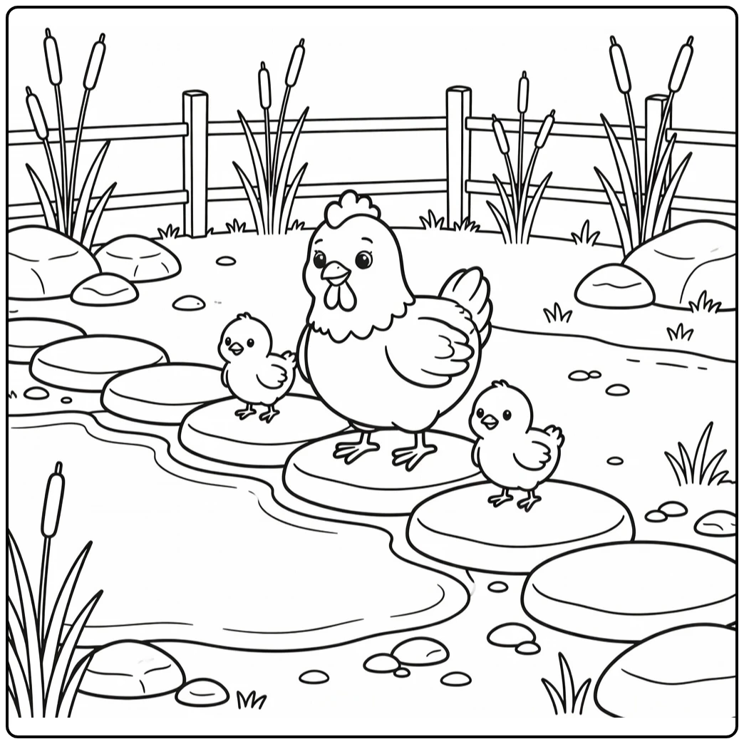 Chicken coloring page of hen leading chicks across stones