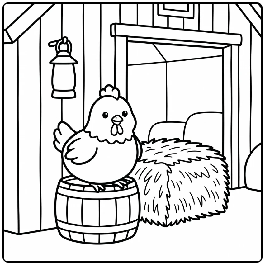 Chicken coloring page with cute chicken on barrel by barn
