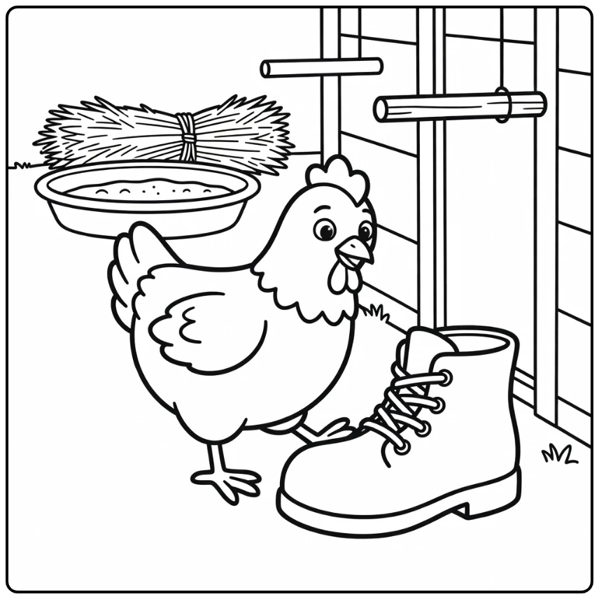 Chicken coloring page with cute chicken near farm boot
