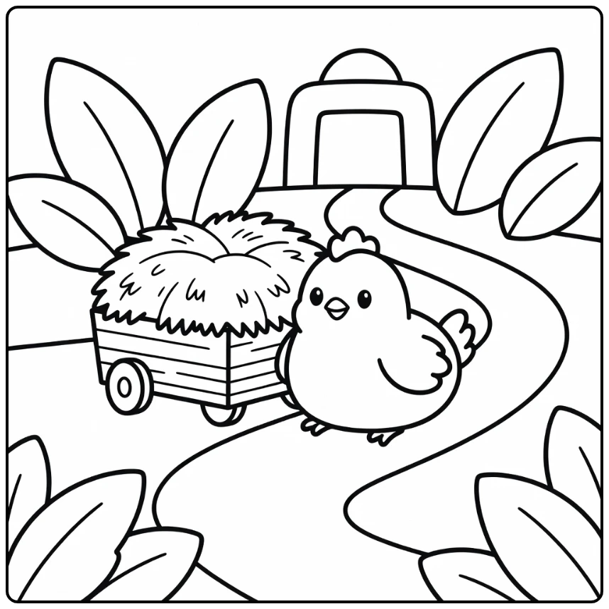 Cute chicken coloring page with wooden cart and hay