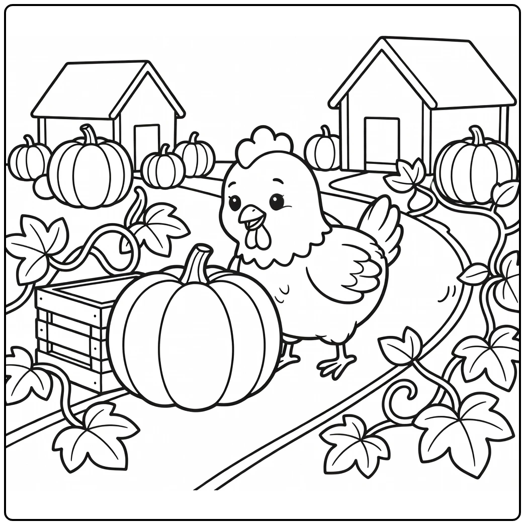 Chicken coloring page of cute chicken with large pumpkin