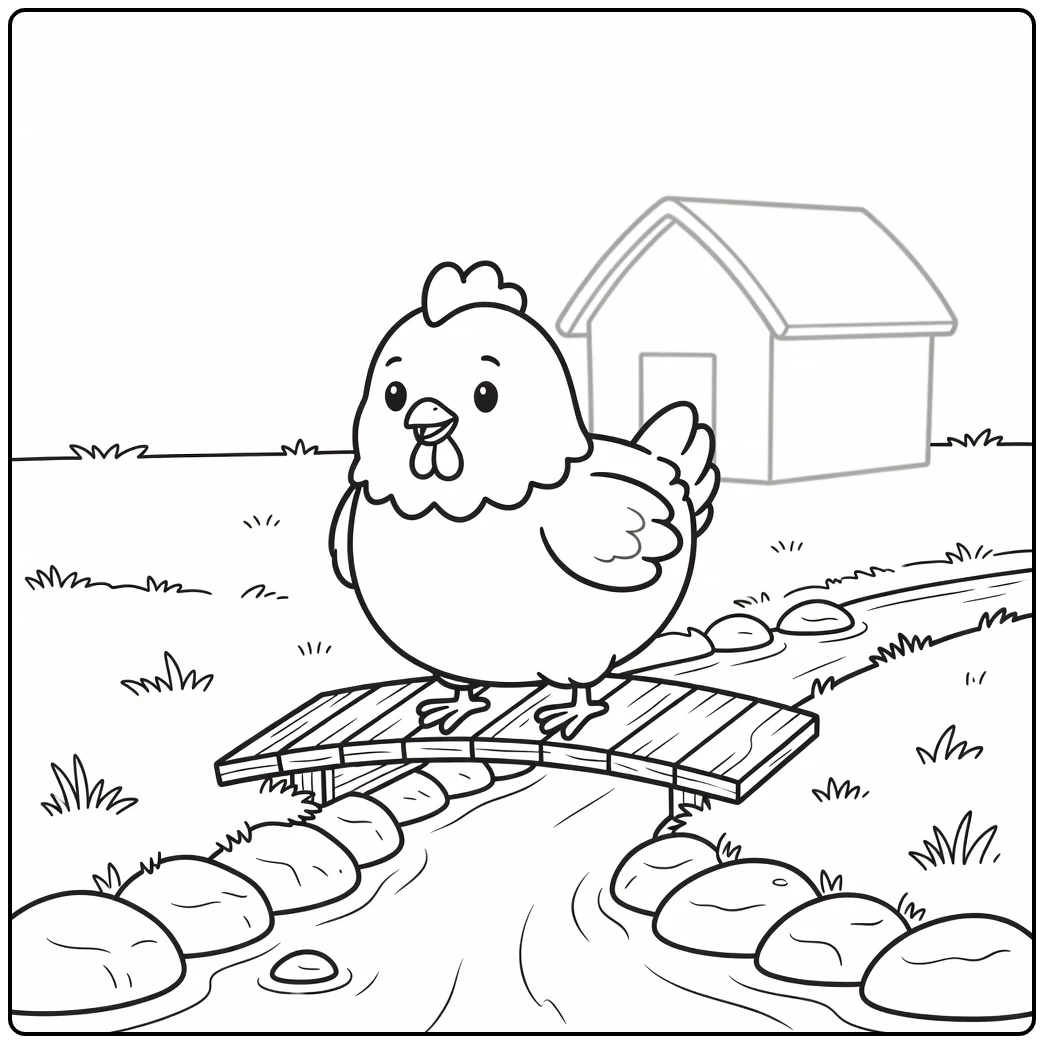 Chicken coloring page featuring cute chicken on farm bridge