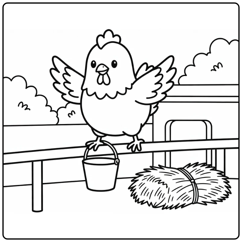 chicken coloring page of hen landing on fence rail