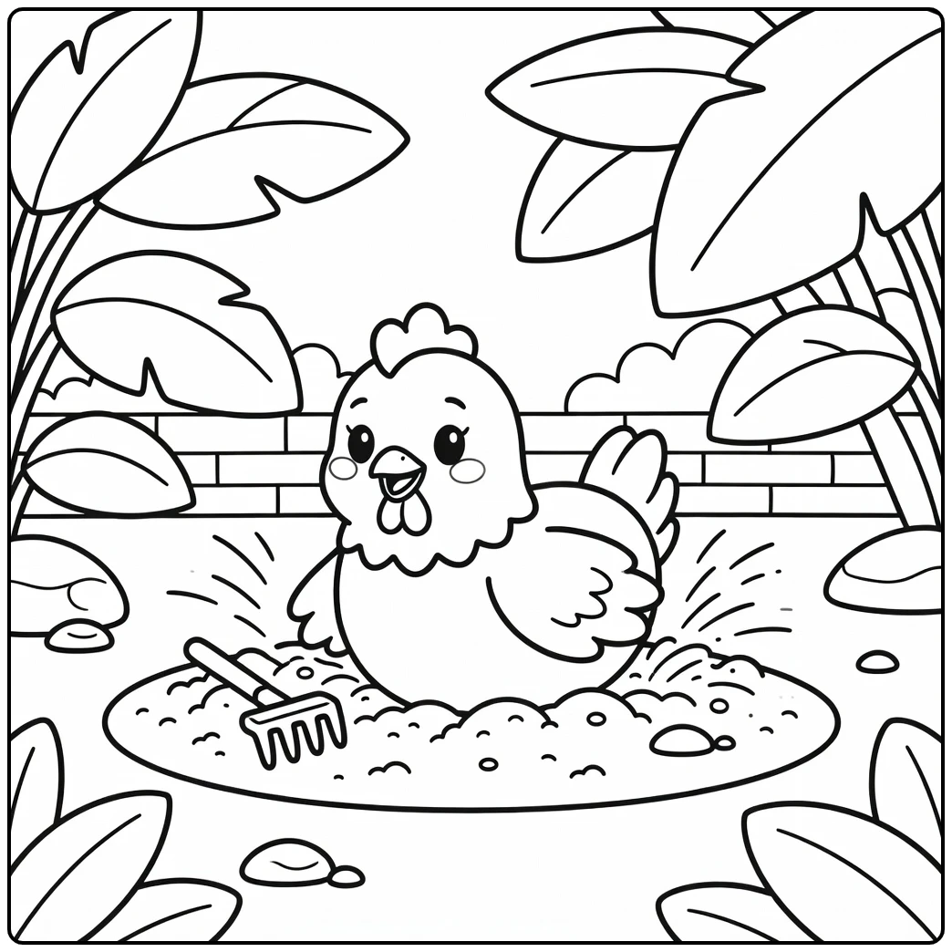 Chicken coloring page showing cute hen dust bathing in soil