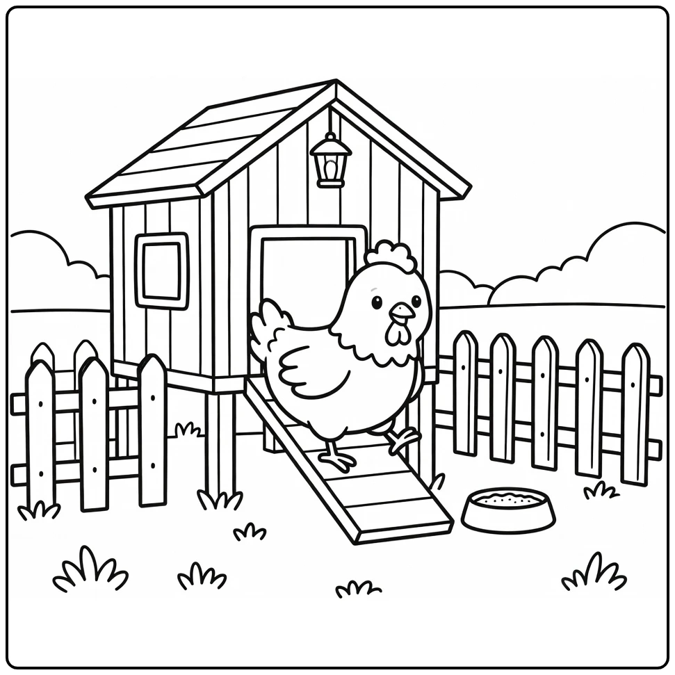 Chicken coop coloring page with hen on ramp at sunrise
