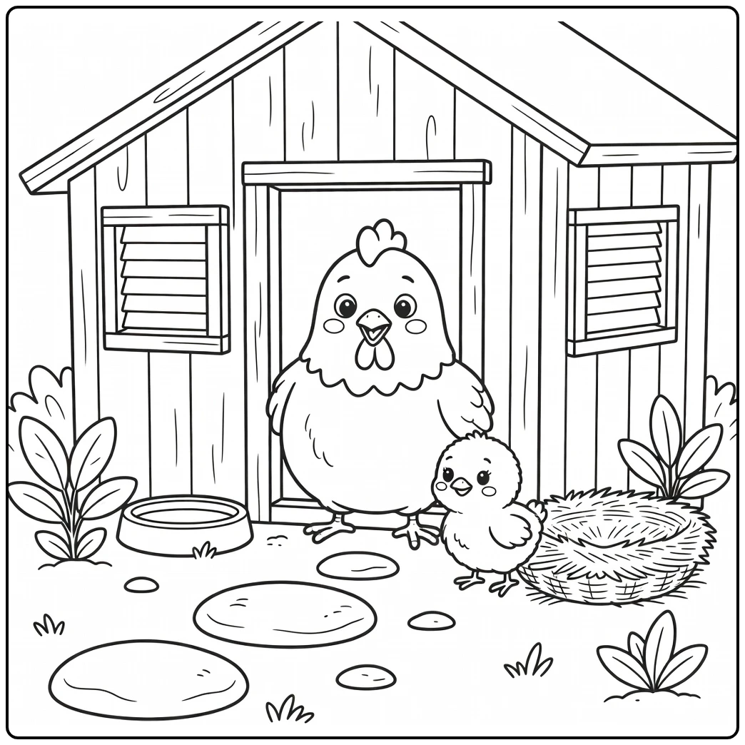 Chicken coop coloring page with peeking chicken and chick