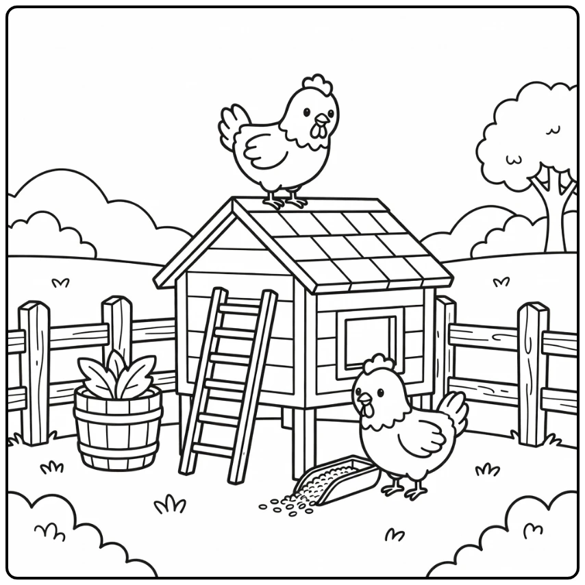 Chicken coop coloring page of cute chickens near grain scoop