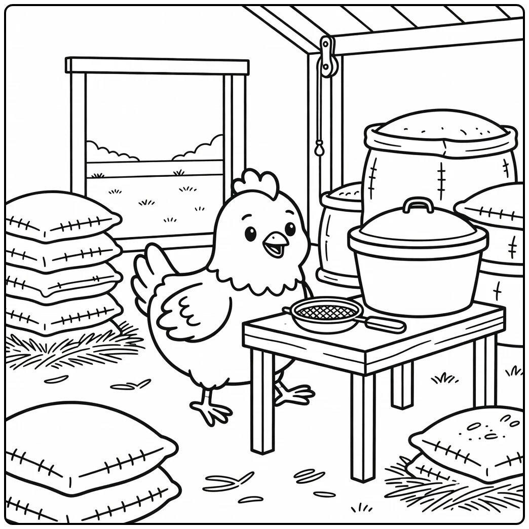 Chicken farm coloring page with cute chicken near grain sorter
