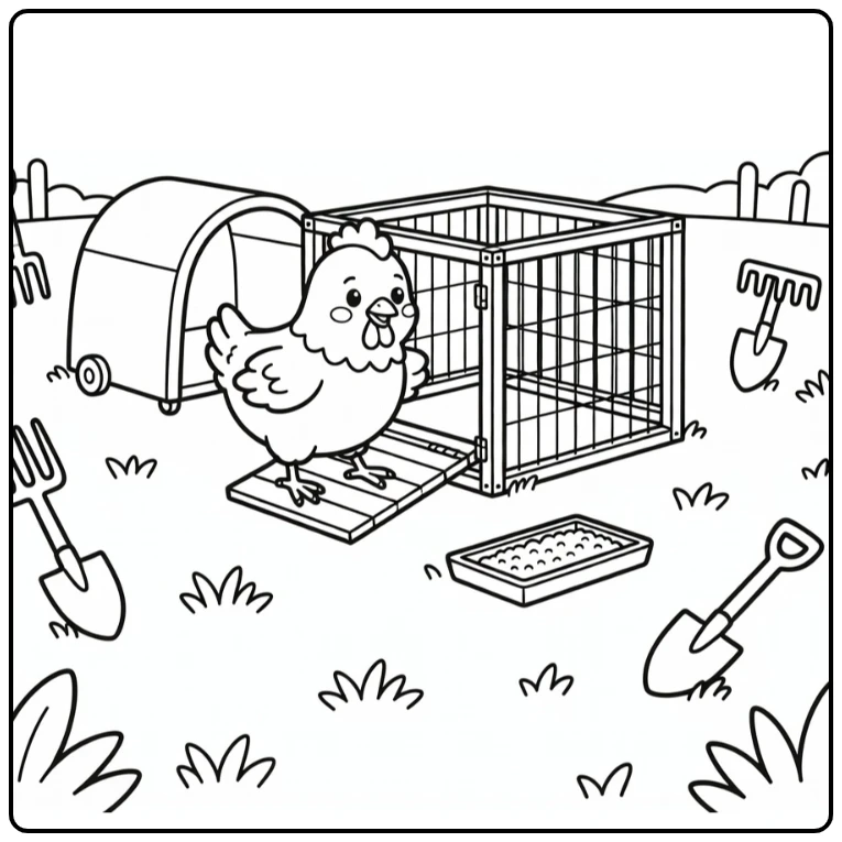 Chicken farm coloring page with chicken at portable pen