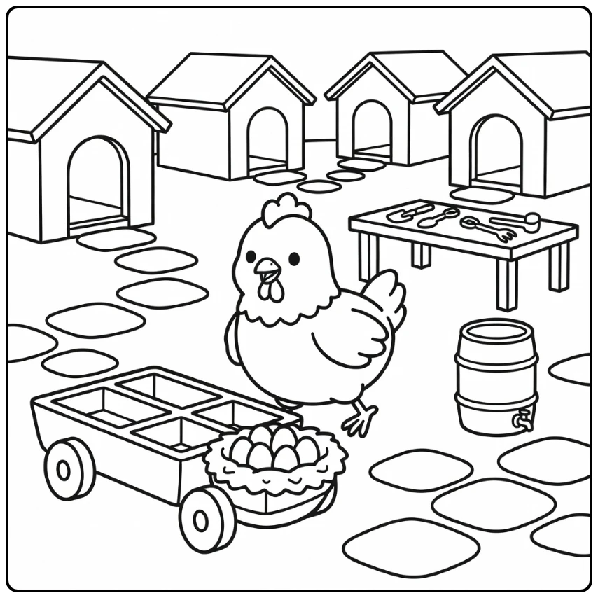 Chicken farm coloring page with chicken near egg cart