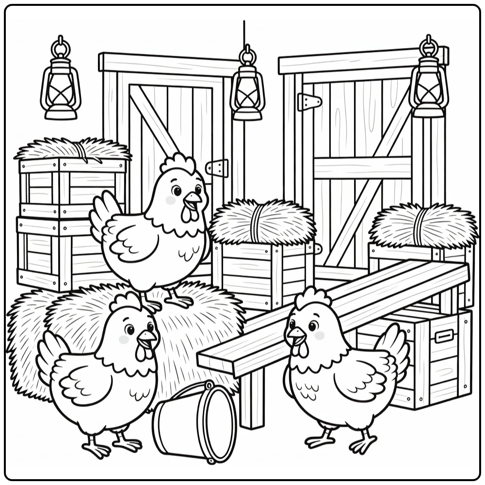 Chickens coloring page exploring cozy barn with hay bales
