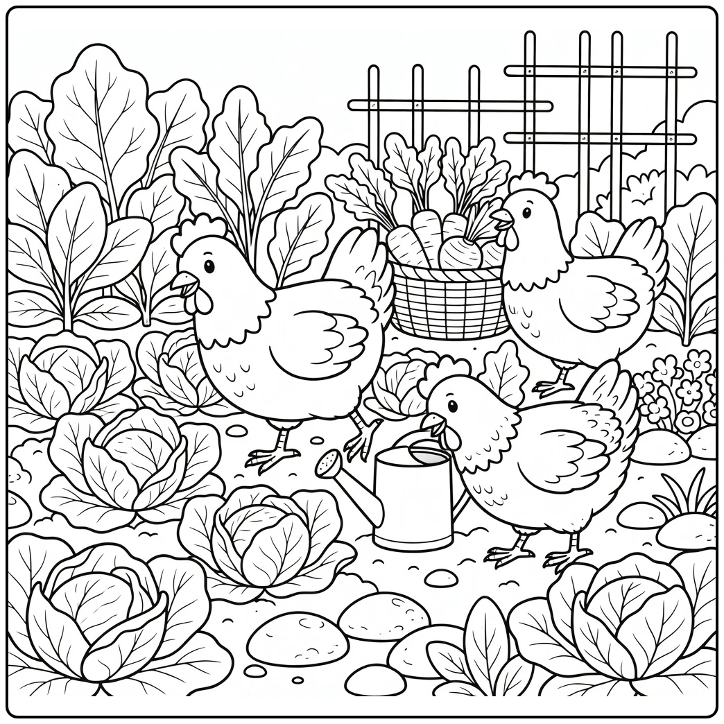 Chickens coloring page exploring veggie garden rows