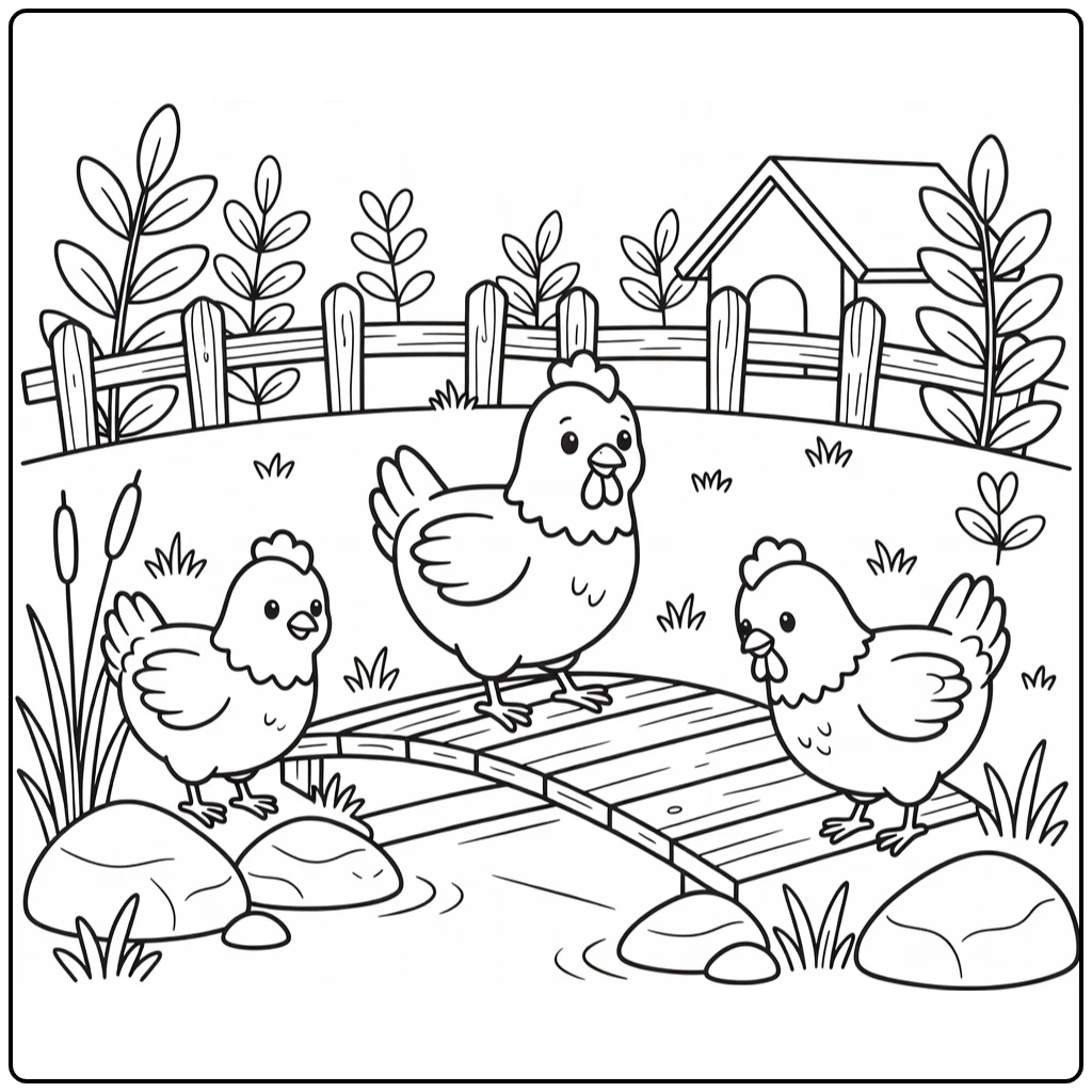 Chickens coloring page crossing wooden farm bridge