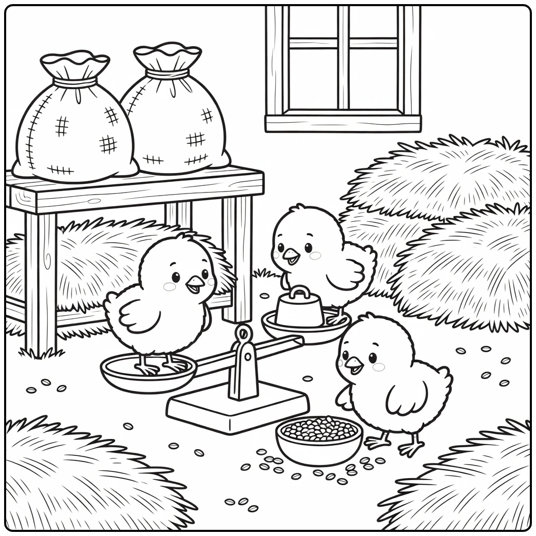 Chicks coloring page exploring old farm balance scale