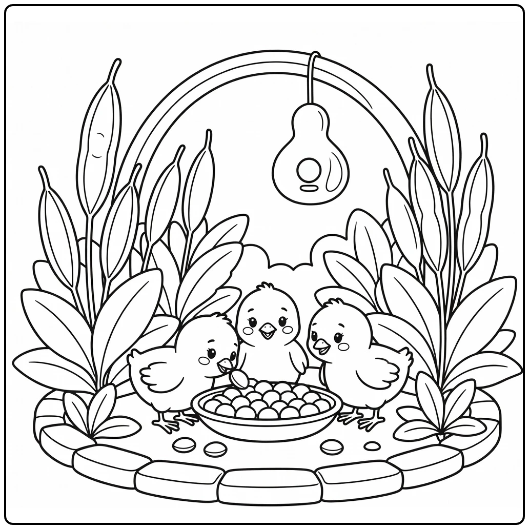 Chicks coloring page at seed saucer in garden